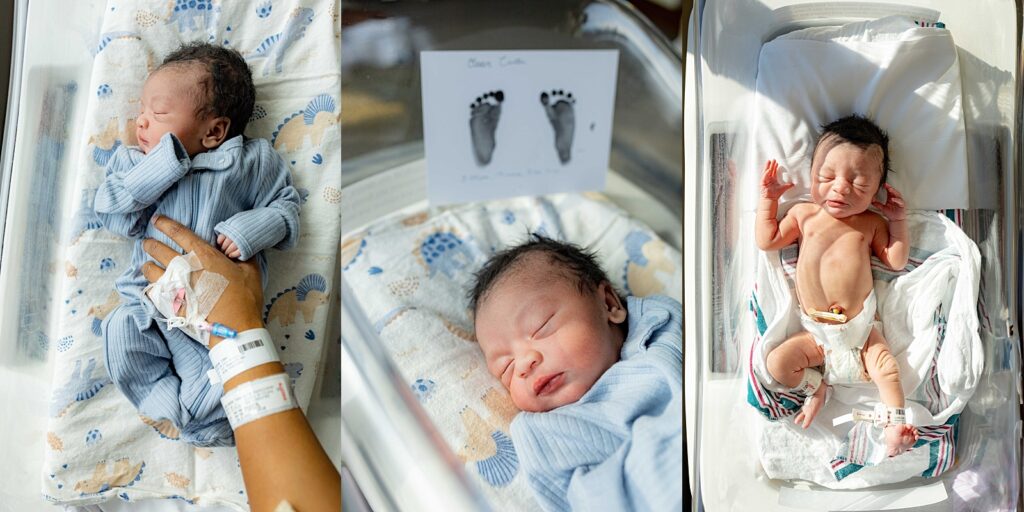 newborn in a hospital bassinet during a Fresh 48 session. The images capture tender first moments, featuring hospital ID bands, footprints, and natural light