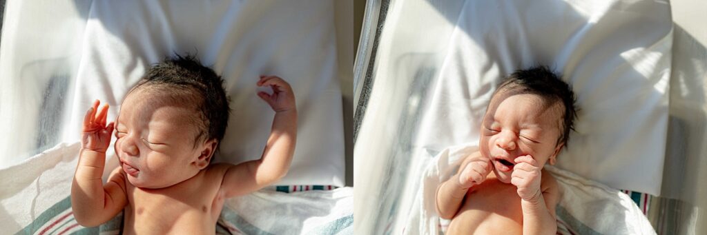 Newborn baby in a hospital bassinet, bathed in natural light during a Fresh 48 session. The baby stretches and reacts to the warmth, capturing raw and beautiful first-day moments